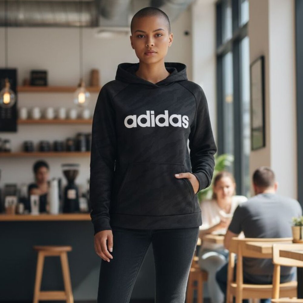 Adidas Black & Gray Camo Print Fleece Inside Hoodie with Front Pocket